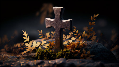 Grave stone with cross on dark background. Halloween concept. 3D Renderの素材