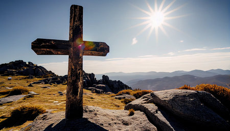 Cross on the top of a mountain in the rays of the sunの素材