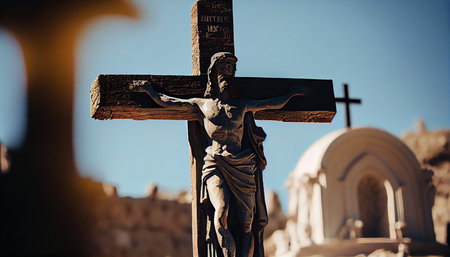 Crucifixion of Jesus Christ on the cross in the cemeteryの素材
