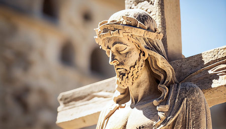 Statue of Jesus Christ in front of the Notre Dame de Paris, Franceの素材