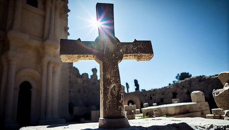 Cross in the ruins of the ancient city of Jerusalem, Israel.の素材