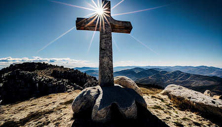 Crosses on the peak of the mountain in the rays of the sunの素材