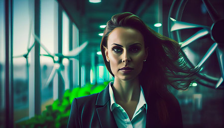 Portrait of a beautiful young woman in a business suit with wind turbines in the background.の素材