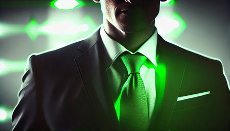Businessman in suit and tie in front of illuminated spotlights.の素材
