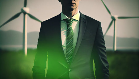 Businessman standing in front of wind turbines on a green meadow