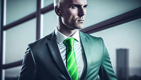 Portrait of a handsome businessman in a suit and green tie.の素材