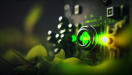 Green energy concept with green power button on dark background. 3d renderingの素材