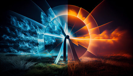 Wind turbine in field against blue sky with clouds. 3d renderingの素材