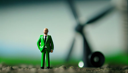 Miniature people : Businessman standing on the ground with wind turbineの素材