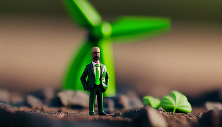 Photo for Miniature people : Businessman with wind turbine in green energy concept. - Royalty Free Image