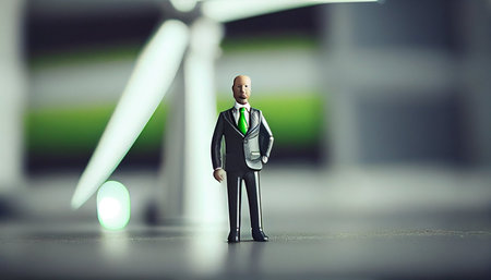 Miniature businessman standing in front of wind turbines. Renewable energy conceptの素材