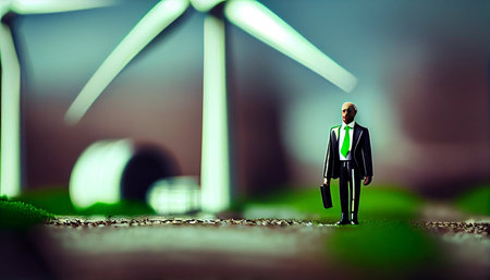 Miniature people : Businessman standing in front of wind turbine farmの素材