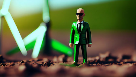 Ecology concept. 3d illustration of a man in a green suit standing in front of wind turbinesの素材