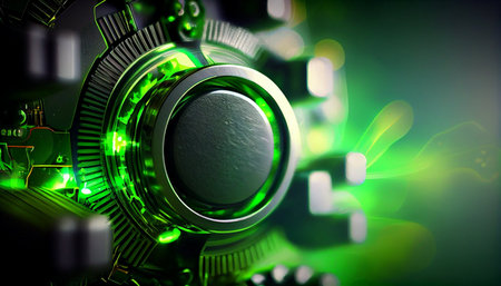 3d illustration of gear wheel in abstract background with green light.の素材