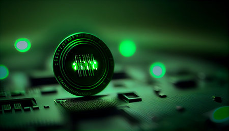 A closeup shot of a cryptocurrency coin with green lights on the backgroundの素材