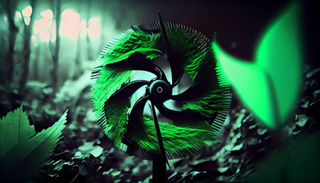 3d illustration of a wind turbine in the forest at night.の素材