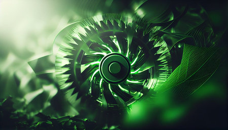 3d illustration of a gear wheel in abstract background with green lightの素材