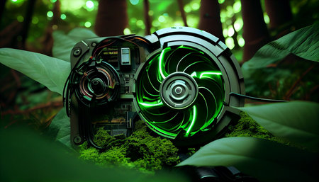 Computer fan with green neon light in the forest. 3d renderingの素材