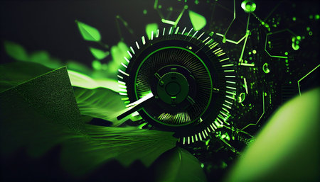 3d rendering of gear wheel in abstract space with green lights backgroundの素材