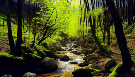 Beautiful spring forest landscape with river and green moss on stones.の素材
