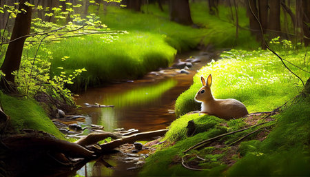 Rabbit in the forest with a stream in the background, 3d renderの素材