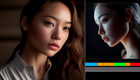 portrait of beautiful asian woman in front of monitor with color barsの素材