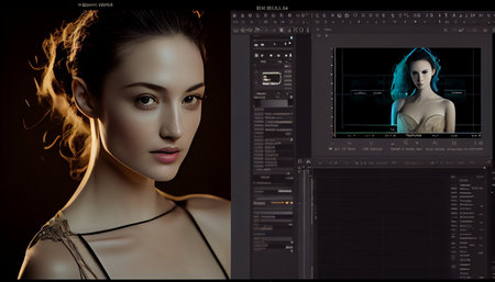 3d rendering of a beautiful woman in front of a monitor with a black backgroundの素材