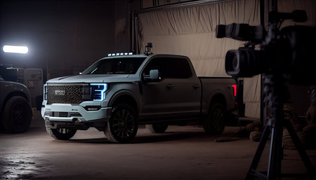 Rear view of 4x4 SUV in the garage at nightの素材