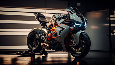 Rear view of a modern motorcycle in the garage. 3d renderingの素材