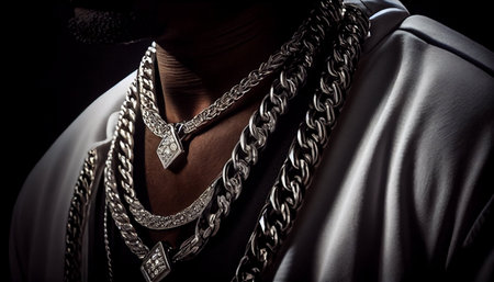Closeup of a man wearing a black hat and silver chain necklaceの素材