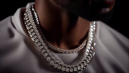Close-up of a man's necklaces on a dark backgroundの素材