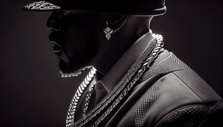 Close-up portrait of a man in a black hat. Studio shot.の素材