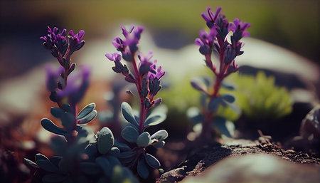 Close up of cactus plant with violet flowers in the garden.の素材