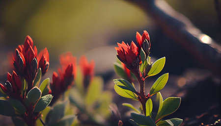 Beautiful red rhododendron flowers in the forest.の素材