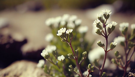 Beautiful small white flowers on a blurred background. Shallow depth of fieldの素材