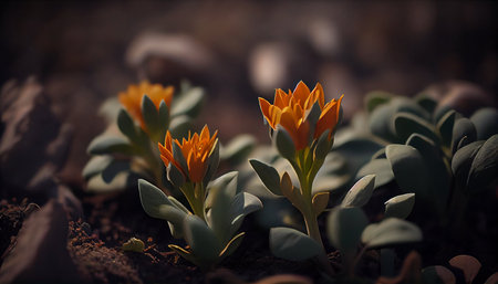 Orange crocus flowers in the garden. Spring concept. Soft focus.の素材