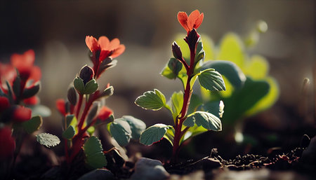 Beautiful young green sprout growing in the spring garden. Nature backgroundの素材