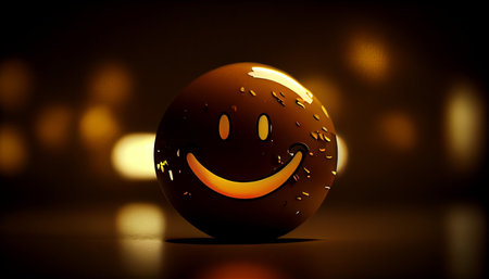3d rendering of a happy smiley ball on a dark backgroundの素材