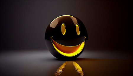 3d illustration of happy smiley face over dark background with reflectionの素材