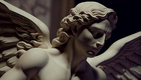 Statue of an angel with wings in a dark room, close-upの素材