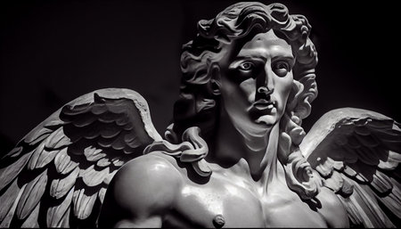 Statue of an angel on a dark background. Black and white.の素材