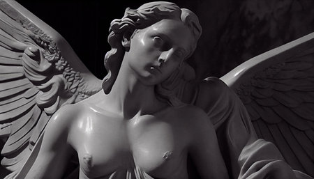 Statue of an angel with wings in black and white colors.の素材