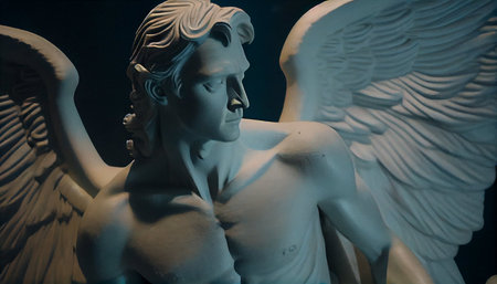 Statue of an angel with wings in the form of a heartの素材