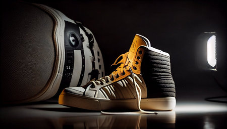 Pair of new sneakers on black background with light and shadow.の素材