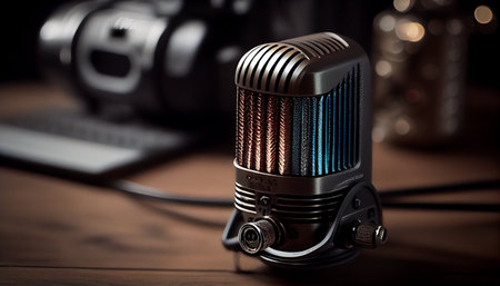 Retro microphone on a wooden table in front of a camera.の素材