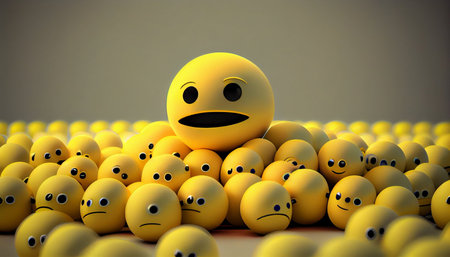 3d illustration of yellow smiley face on yellow crowd of peopleの素材