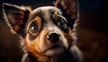 Portrait of a cute little dog on a dark background. Dog close-up.の素材