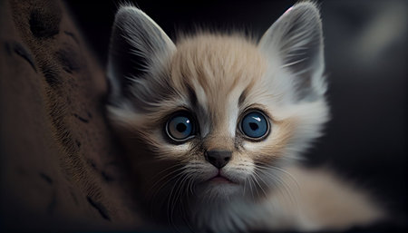 Cute little kitten with blue eyes on a dark background. Close-up.の素材