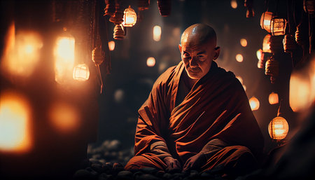 Buddhist monk praying in a temple in the light of lanternsの素材