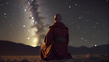 Buddhist monk sitting in the desert and looking at the Milky Wayの素材